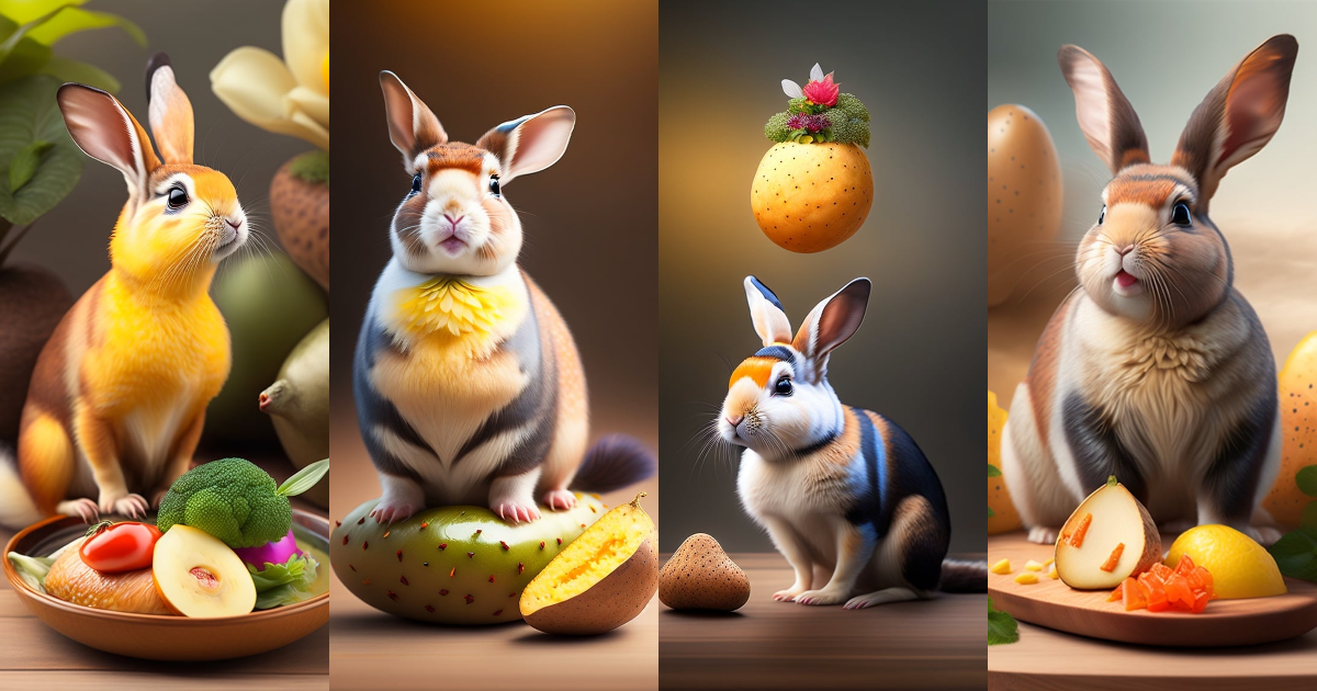 Lexica - Rabbit, lizard and chicken next to a potato