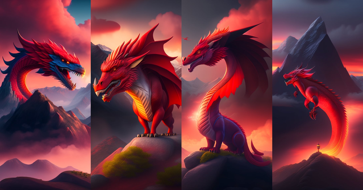 Lexica - A red dragon on a mountain, with red clouds, calm, realistic ...