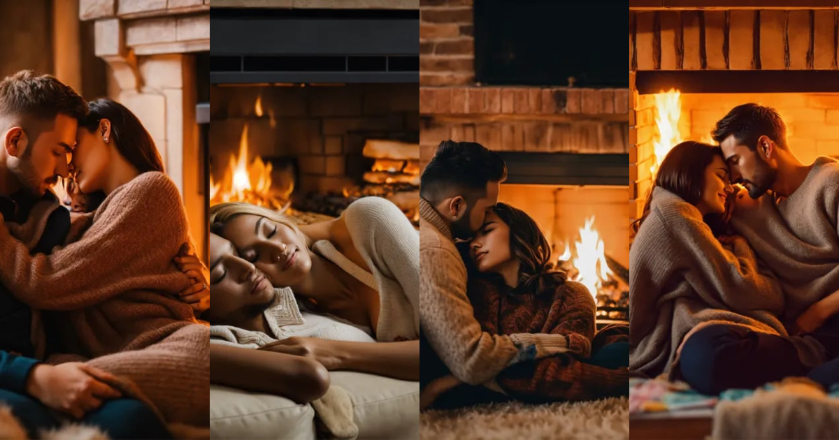 Lexica - Man a woman cuddling by the fireplace