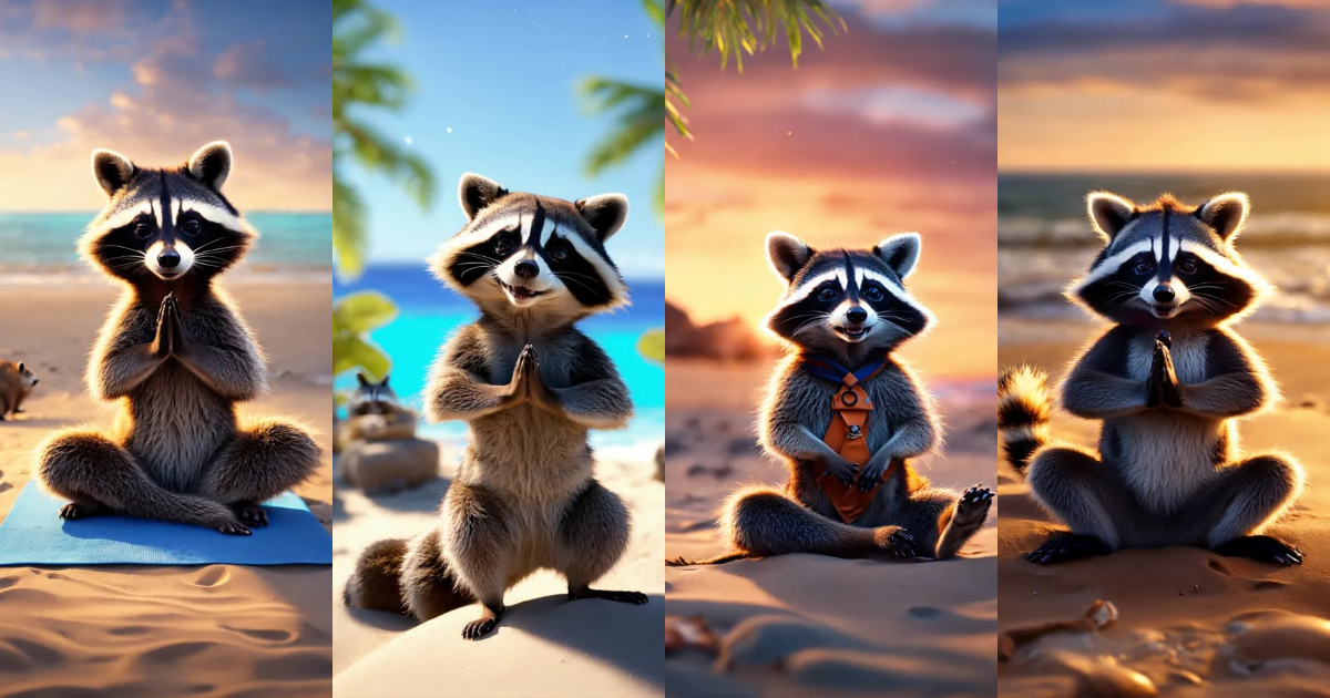 Lexica - Mischievous raccoon doing yoga at the beach, Maya render, 8k ...