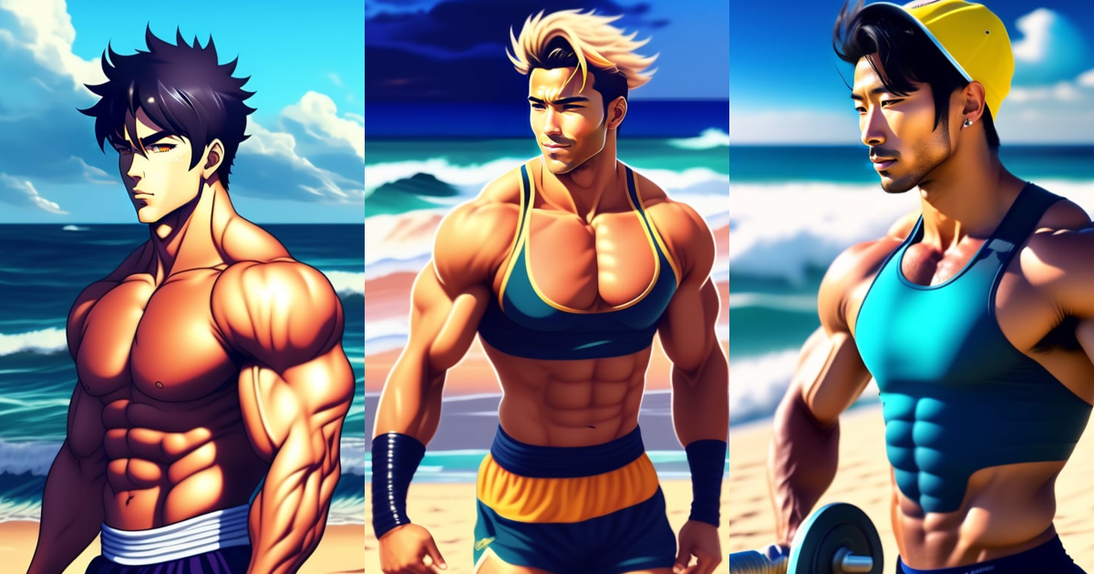 Lexica - Stunning with only a few muscles male working out at the beach,  artsy anime style