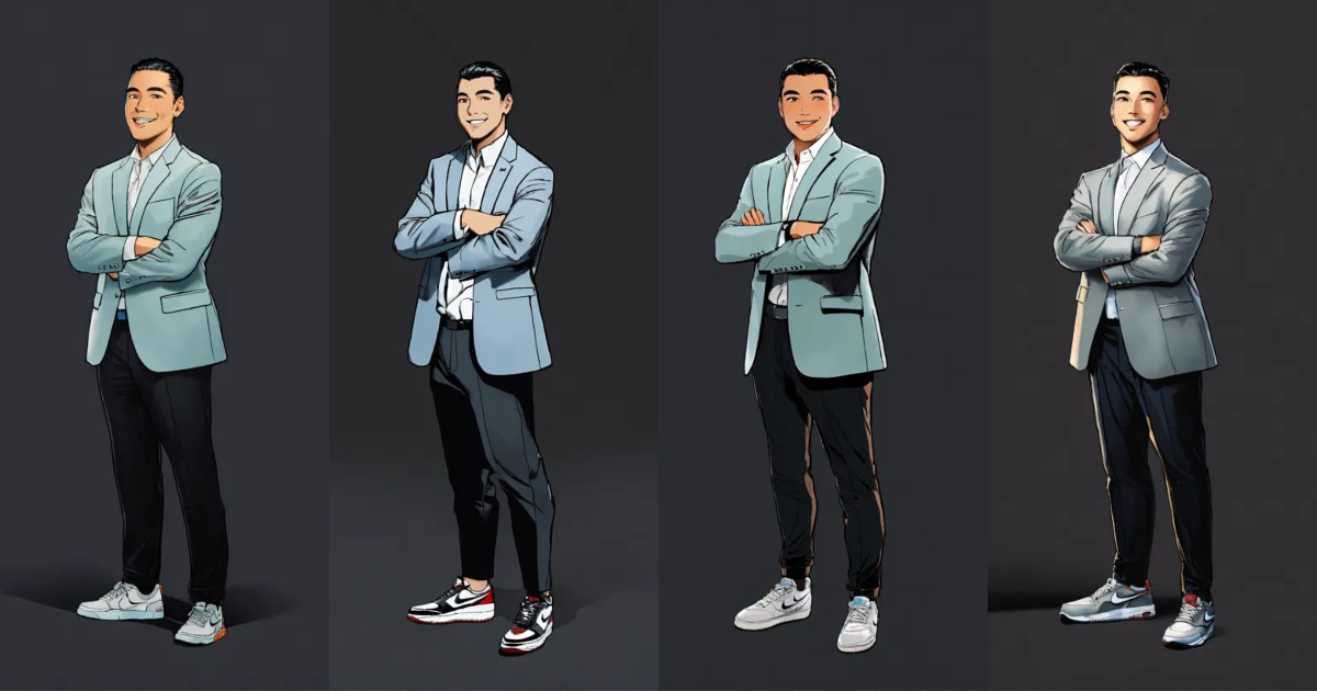 Lexica - A rounded face young CEO standing and smiling wearing nike air ...
