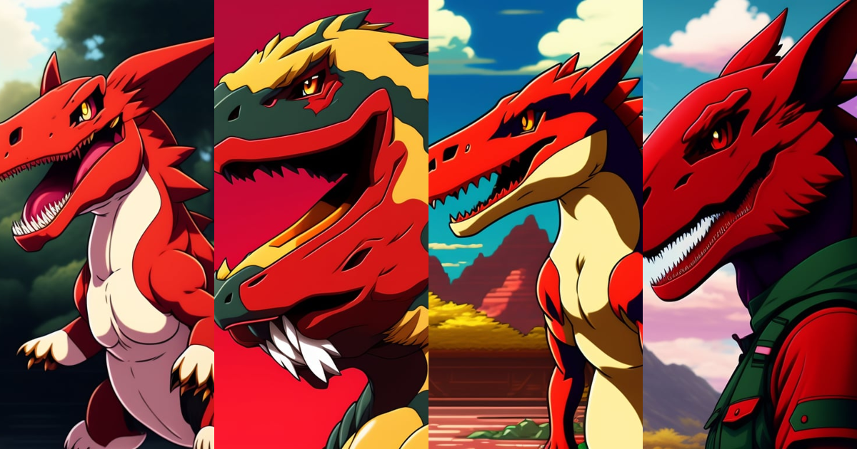 Lexica - Anime illustration of a Pokemon Red-Coloured Raptor Dinosaur