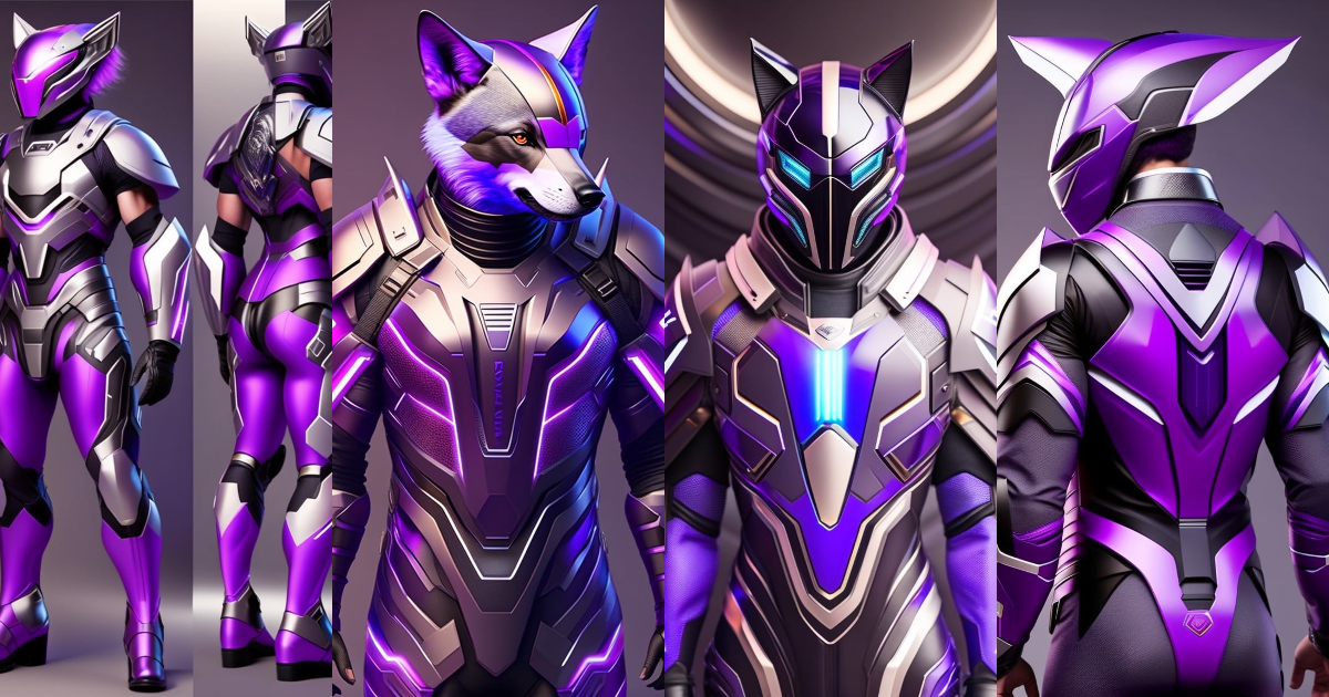 Lexica - Wolf armor for men , alien technology, futuristic, high-tech suit,  plasma flowing cool design, purple and black in color with white straps