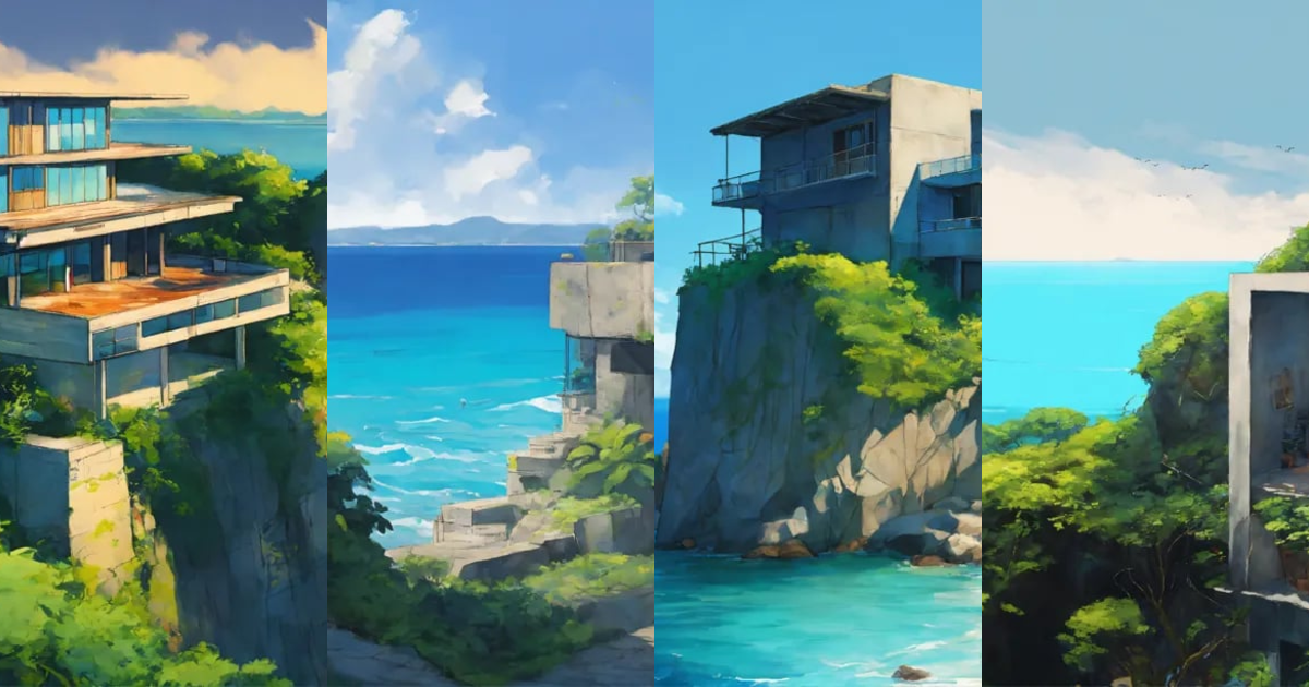 Lexica - Anime painting, grey concrete structure on a cliff, coastal ...