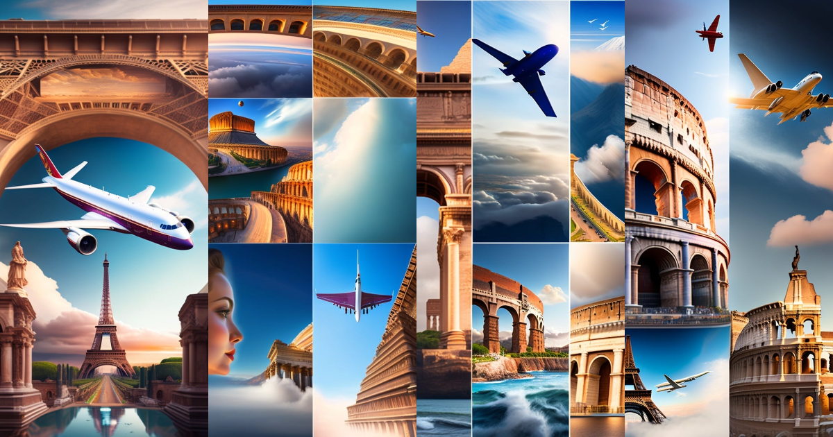 Lexica - Airplane flying over the clouds head-on, with images of a ...