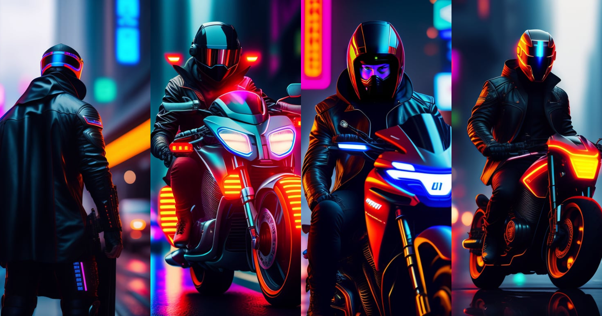 Lexica - Futuristic cyberpunk masked assassin, half cyborg, riding a ...