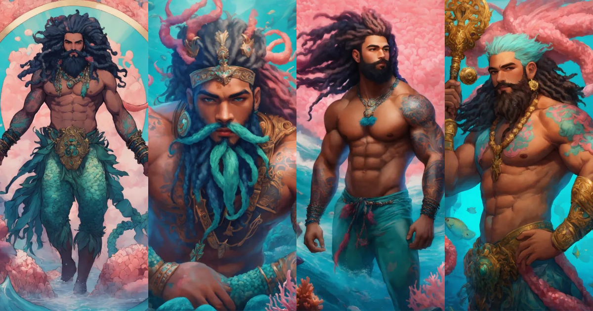 Lexica - A buff muscular Merman scales Blue skintone with pink coral ...