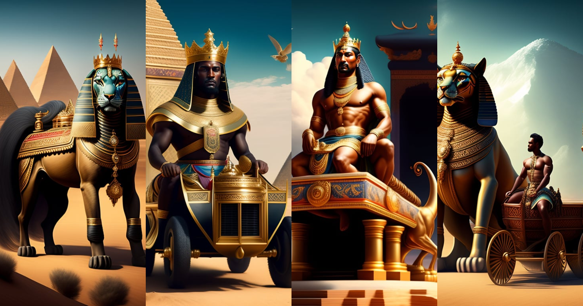 Lexica - A king on a big chariot pulled by a sphinx
