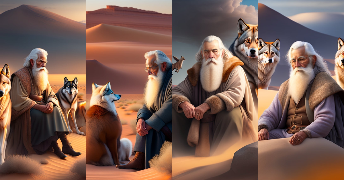 Lexica - A wise old man, a white beard, is sitting in the desert ,next ...