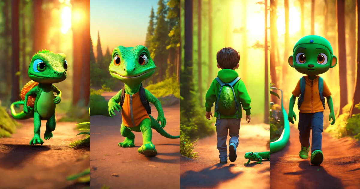Lexica - Realist 3d animation, little boy, lizard with bright green ...