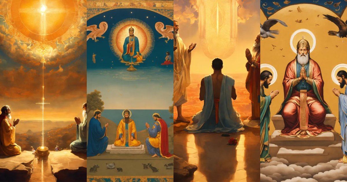 Lexica - A person praying in his knees, 3 gods looking down on him from ...