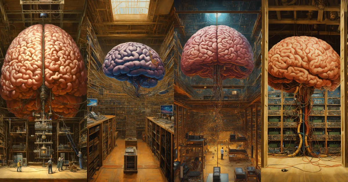 Lexica - In the center of the room, a colossal human brain is ...