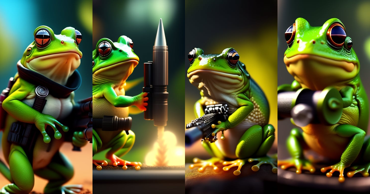 Lexica - A frog wielding a rocket-launcher from a video game.