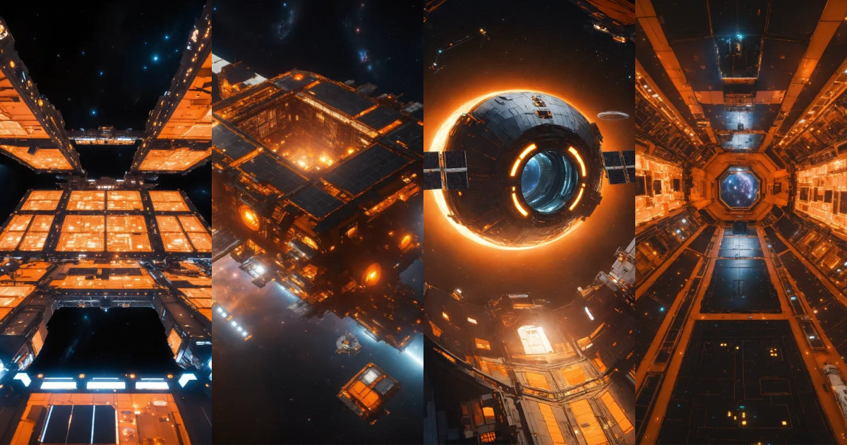 Lexica - Entire giant orange space station in dark space from top with ...