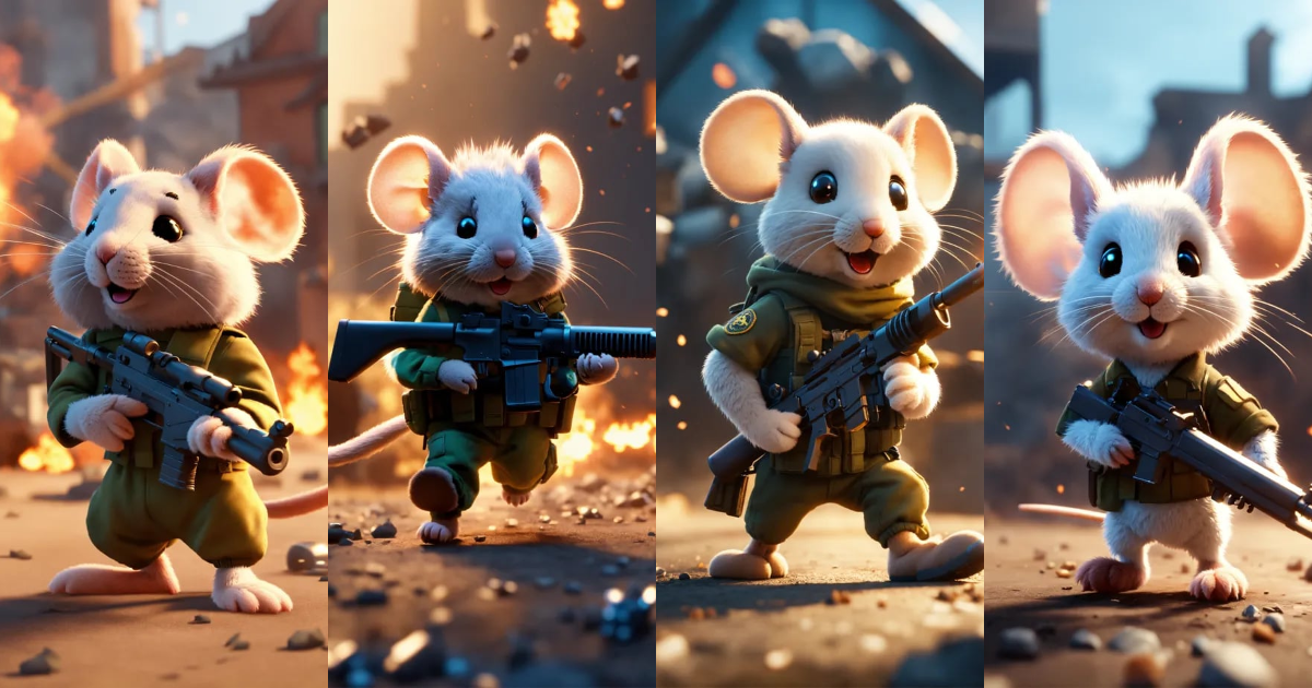 Lexica - A cute fluffy cartoon army mouse with a gun walking away from ...
