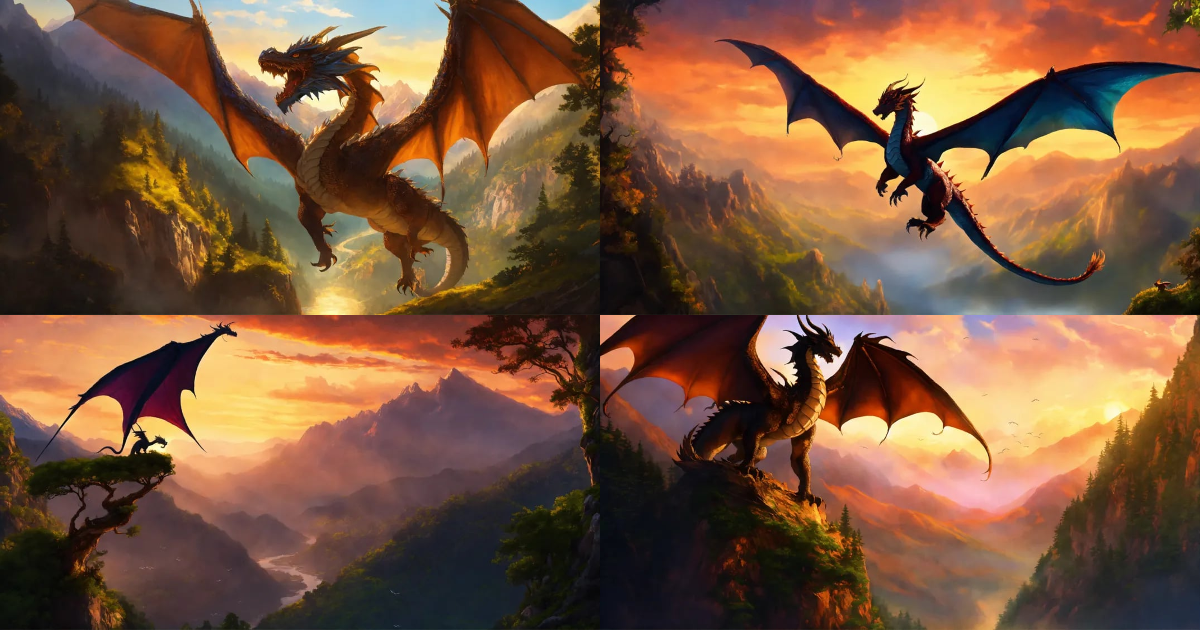 Lexica - In the heart of majestic mountains, a dragon soars with wings ...