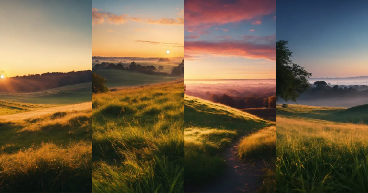 Lexica - View from the ground of a grassy landscape at dawn, realistic ...