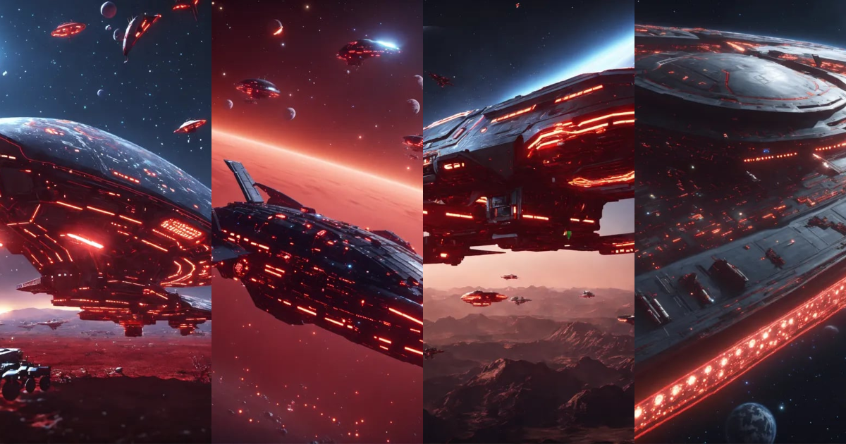 Lexica - Zoom out on fleet of long insect like alien space ships with ...