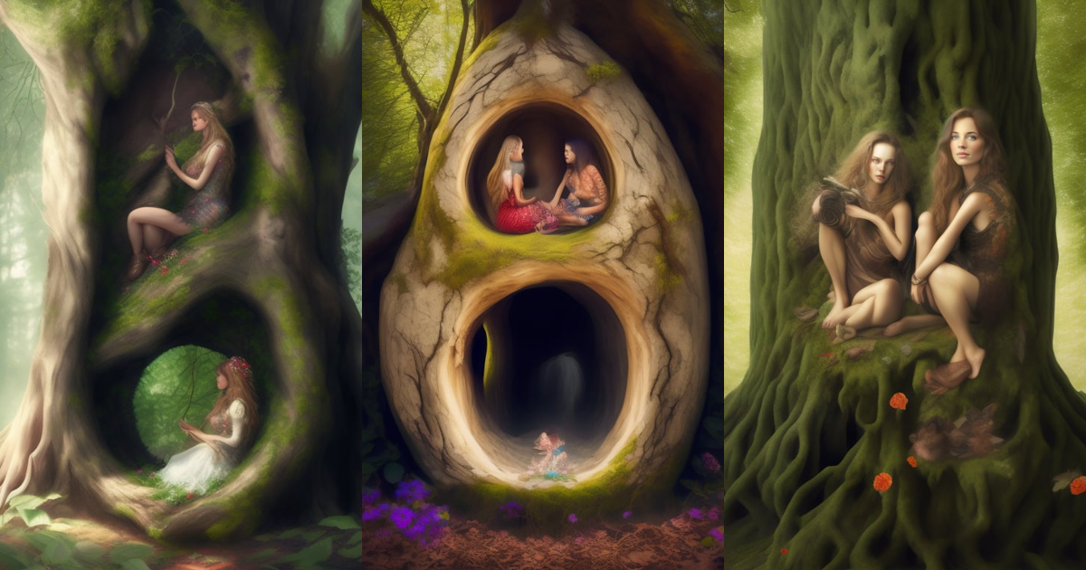 Lexica - Beautiful women fairies hiding from an evil phantom by sitting ...