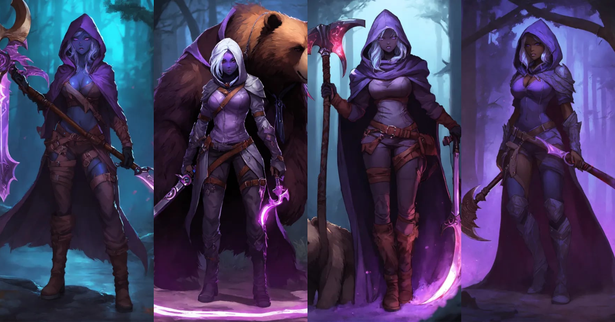 Lexica - Fullbody female drow with glowing purple skin in a hooded gray ...