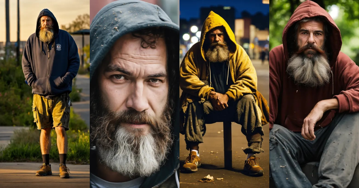Lexica - A HUGE BEARDED HOMELESS MAN WEARING DIRTY SHORTS AND A HOODIE