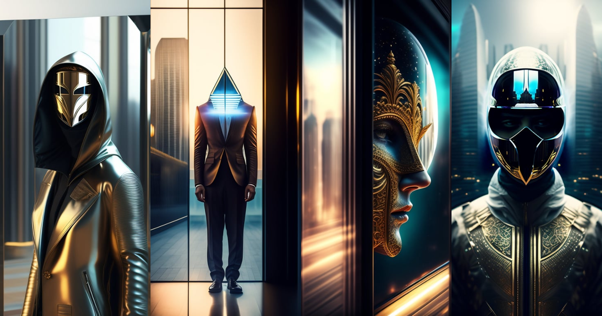 Lexica - An humanoid with a mask made enterily of mirrored glass, urban ...