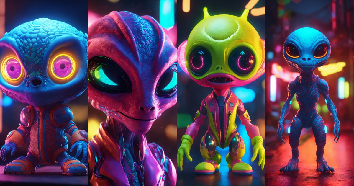 Lexica - Cute alien monster, full-body, neon glow colors, highly ...