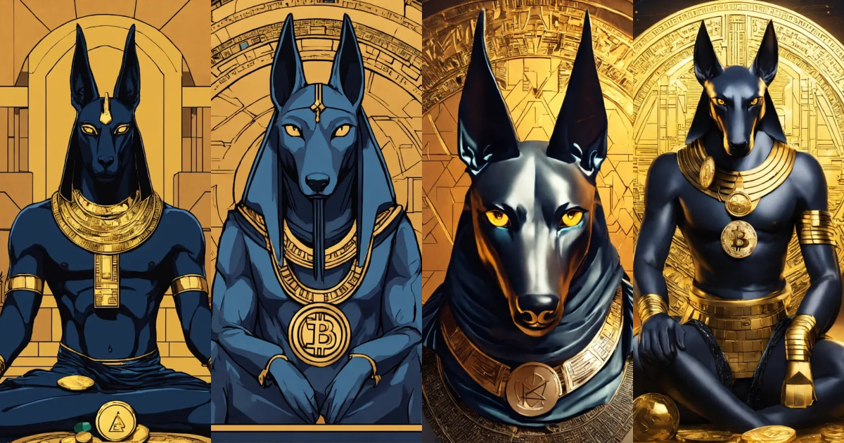 Lexica - Anubis, surrounded by cryptocurrency
