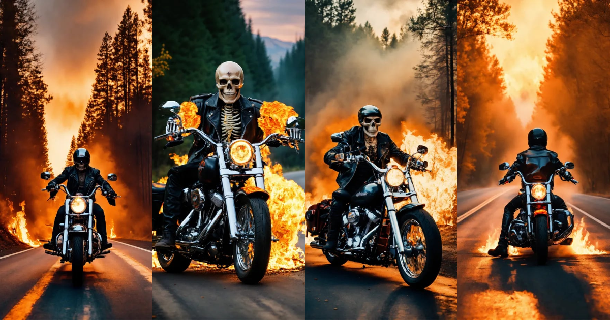 Lexica - Skeleton on fire riding a harley davidson motorcycle, worn ...