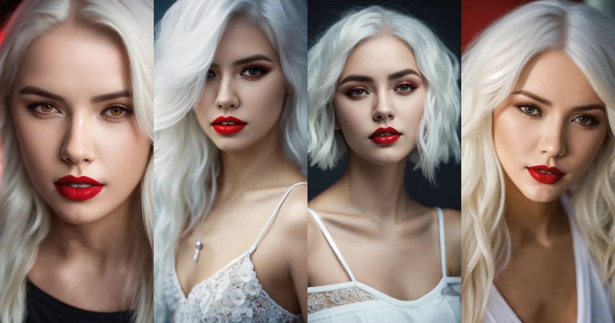 Lexica - Beautiful young woman, white skin, red lips, white hair, red ...