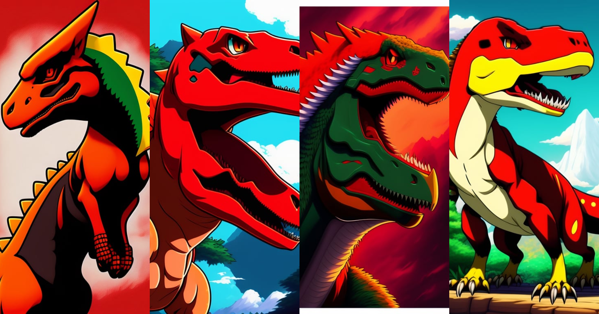 Lexica - Anime illustration of a Pokemon Red-Coloured Raptor Dinosaur