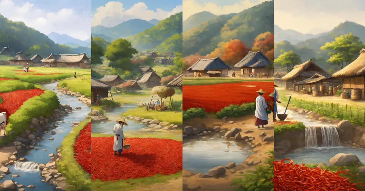 Lexica - A rural landscape in Korea, with thatched huts, a stream, a ...