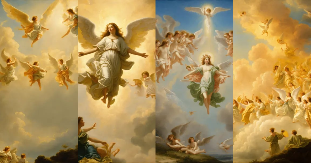 Lexica - Oil painting of angels descending from heaven