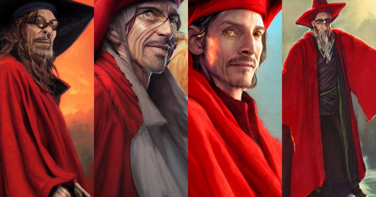 Lexica - Portrait of rincewind wearing bright red wizard robe and hat ...