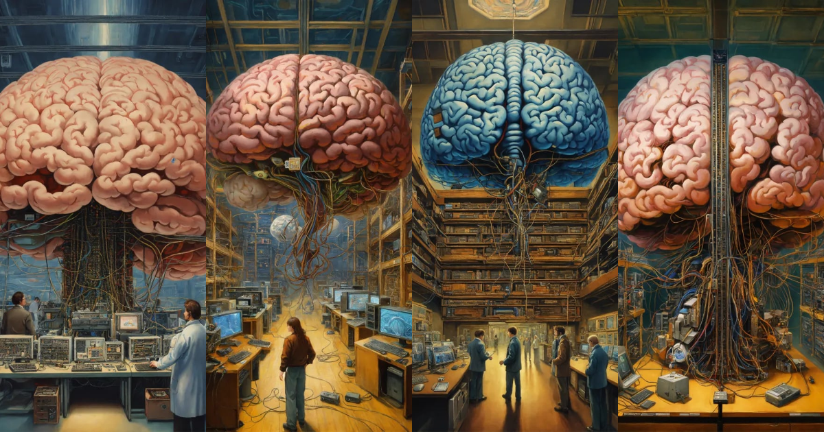 Lexica - In the center of the room, a colossal human brain is ...