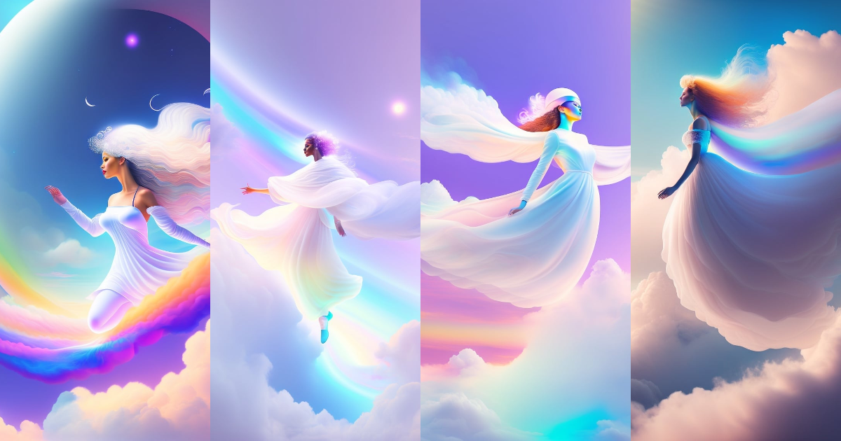 Lexica - An alien person dressed in all white floating above clouds ...