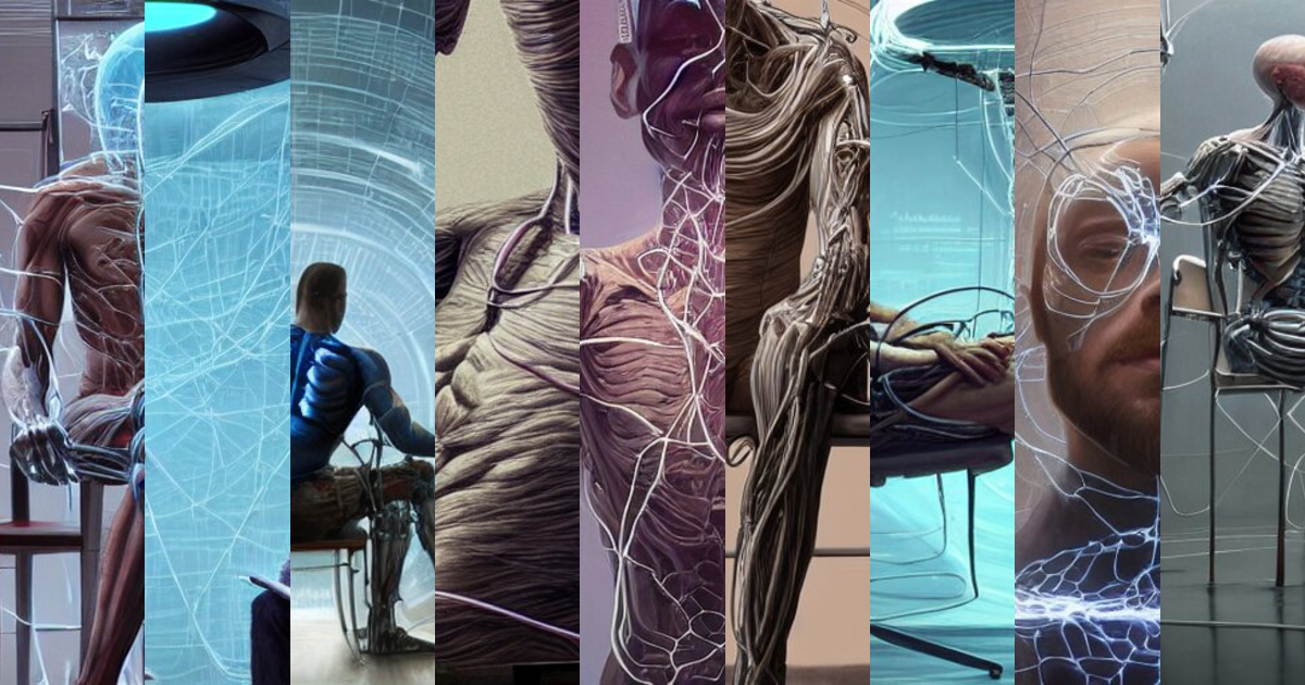 Lexica - A hyperrealistic painting of a human cyborg sitting in a chair ...