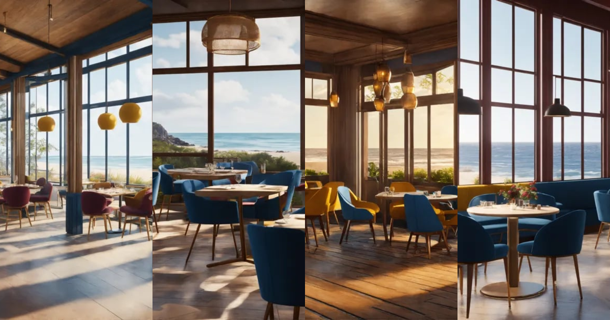 Lexica - A beachside bistro with blue chairs in large windows, in the ...