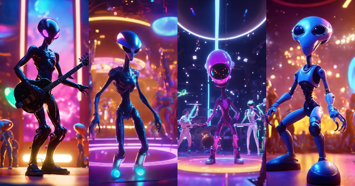Lexica - Zoom out on tall funky big rockstar playing a hi-tech alien ...