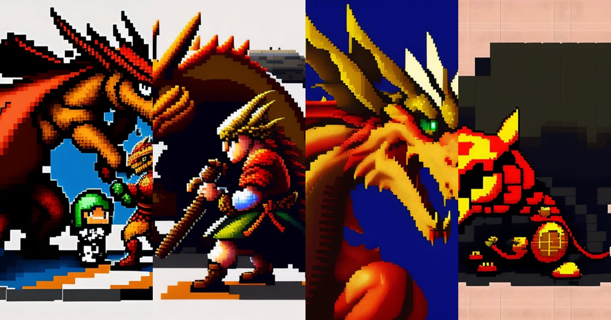 Lexica - Berber knight fighting dragon in pixel art