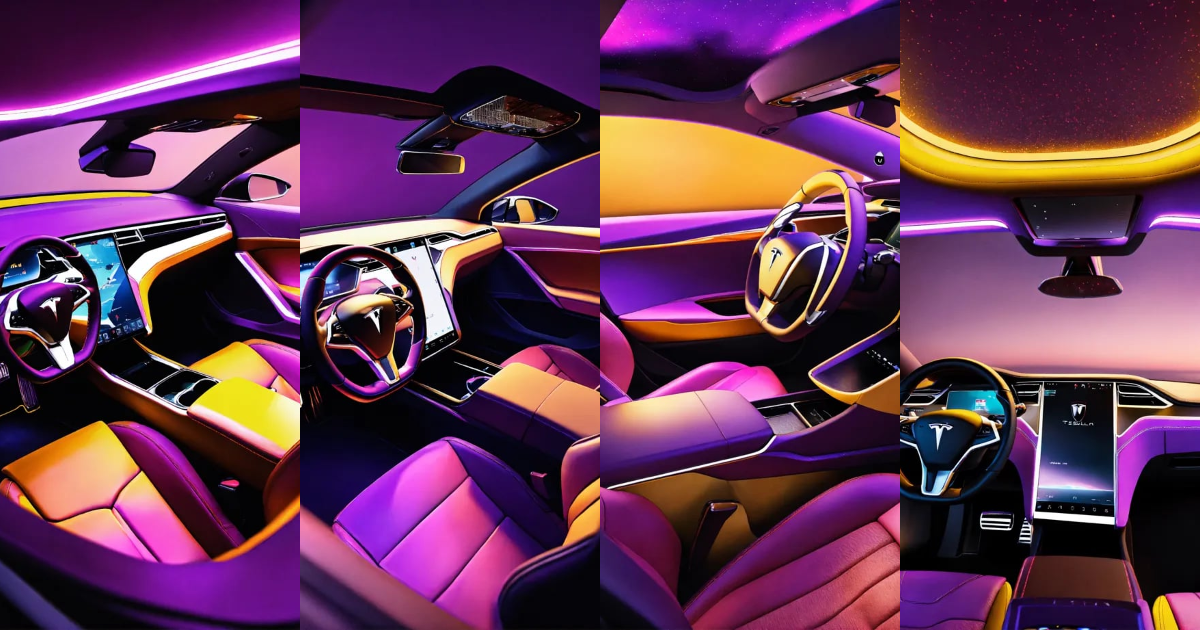 Lexica - Tesla, interior, dashboard, 4k, 3d render, purple yellow