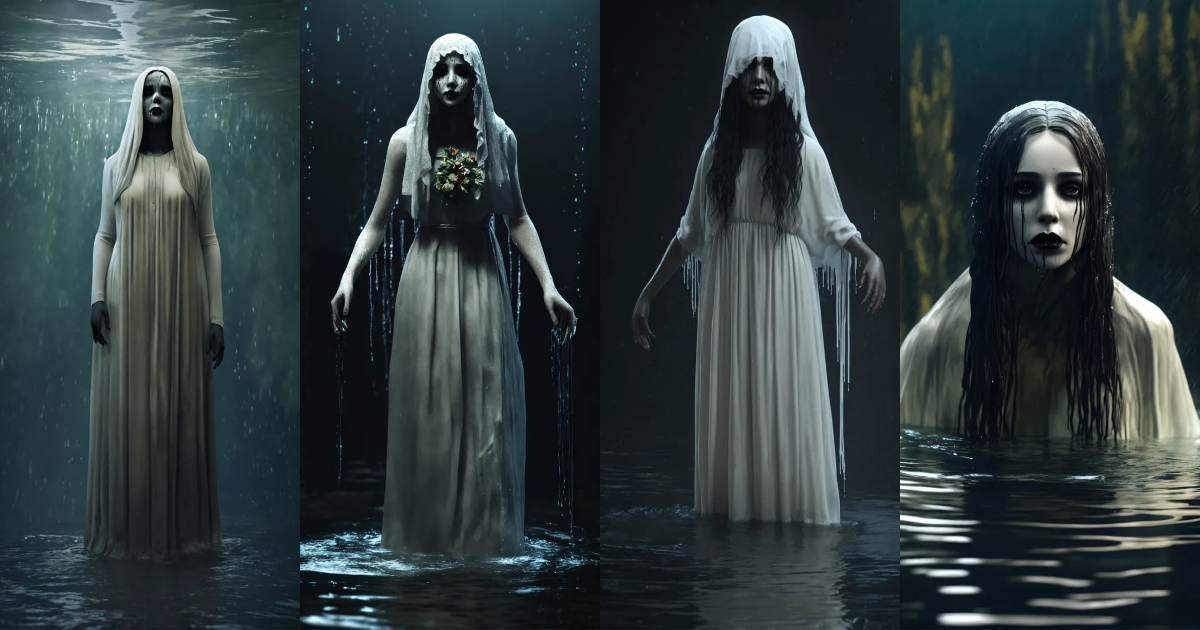 Lexica - A terrifying ghost, La Llorona, only her head in water, black ...