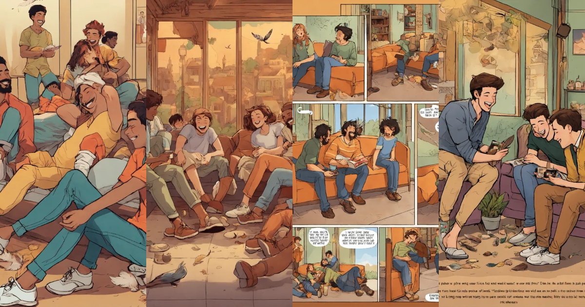 Lexica - Text comics, The design depicts a group of friends. In the ...