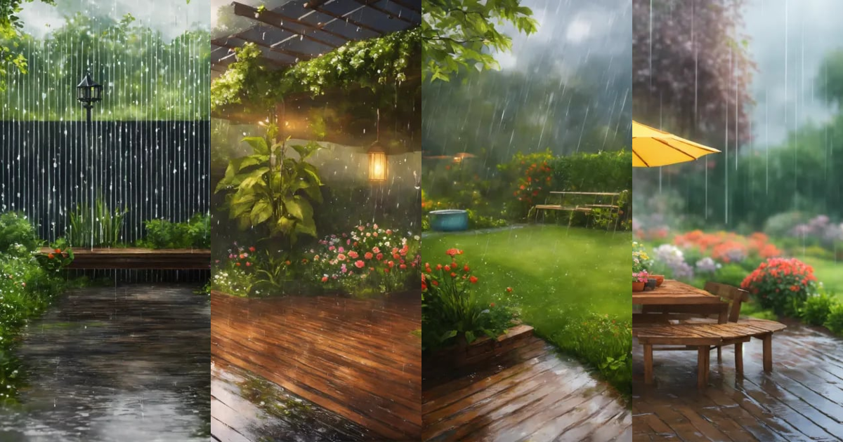 Lexica - Garden atmosphere raining. Realistic landscape