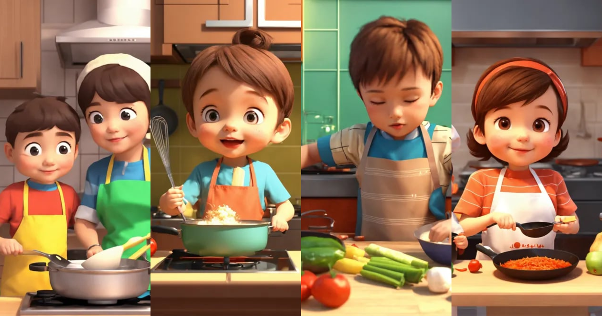 Lexica - Little cute boy is cooking with his mother. 3d cartoon animation.