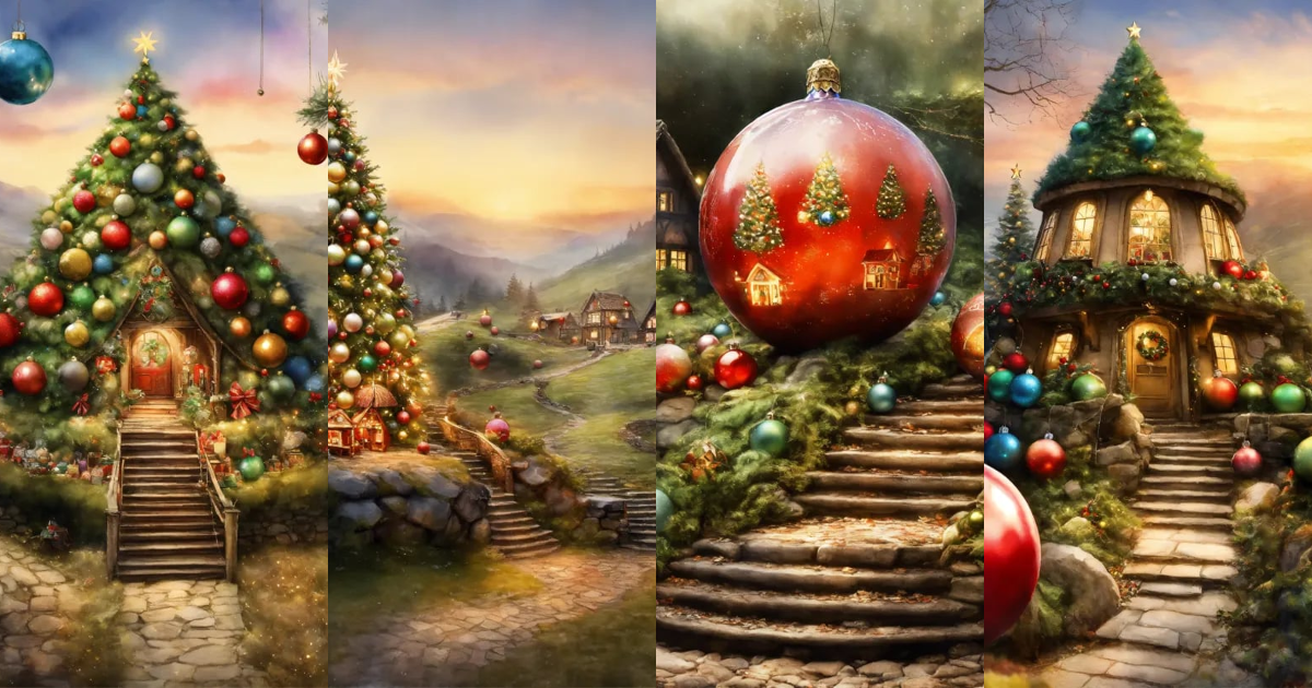 Lexica - Elven quirky Christmas tree land, a large baubles with steps ...