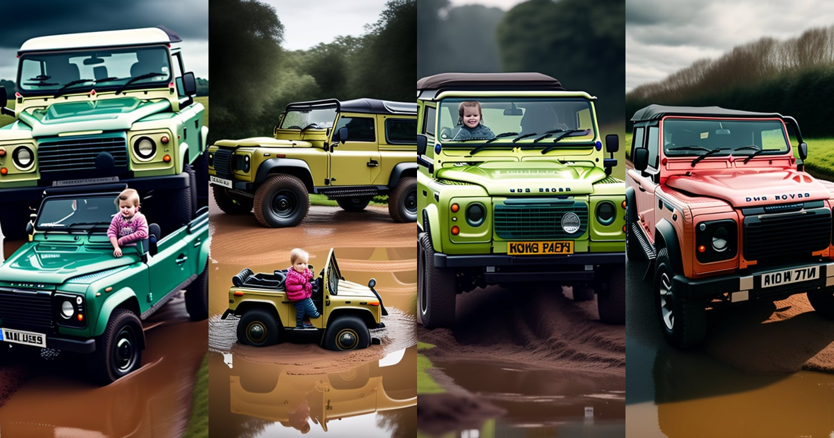 Lexica - A portrait of a child pushing an old Land Rover Defender ...