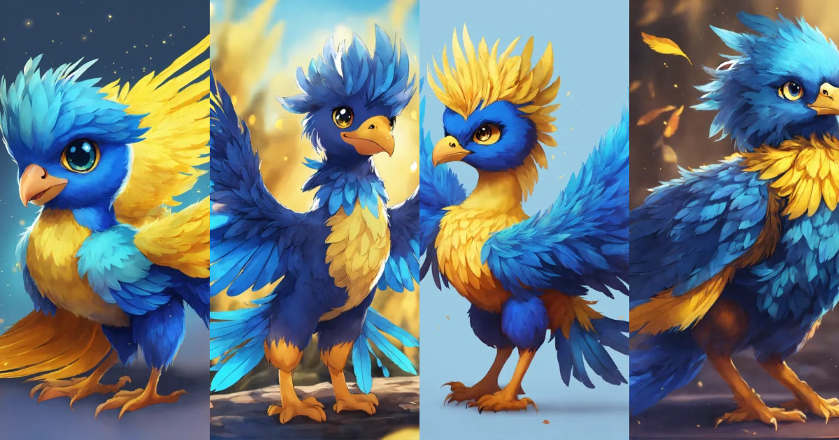 Lexica - A cute baby pheonix, blue and yellow feathers, 8k, anime ...