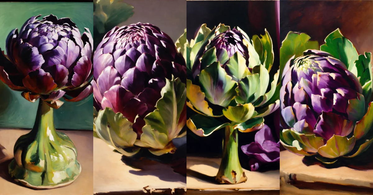 Lexica - Oil painting of purple and green artichoke, in the stye of ...